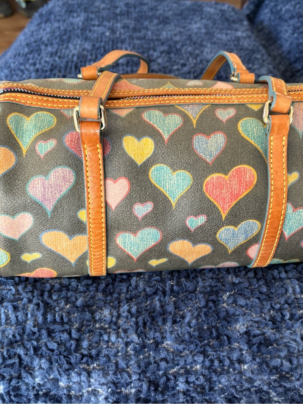 Dooney & Bourke Multicolor Heart Print Barrel Bag with Tan Trim